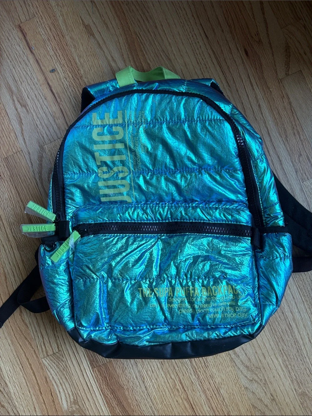 Justice Iridescent Teal Backpack with Lime Accents Super Puffer